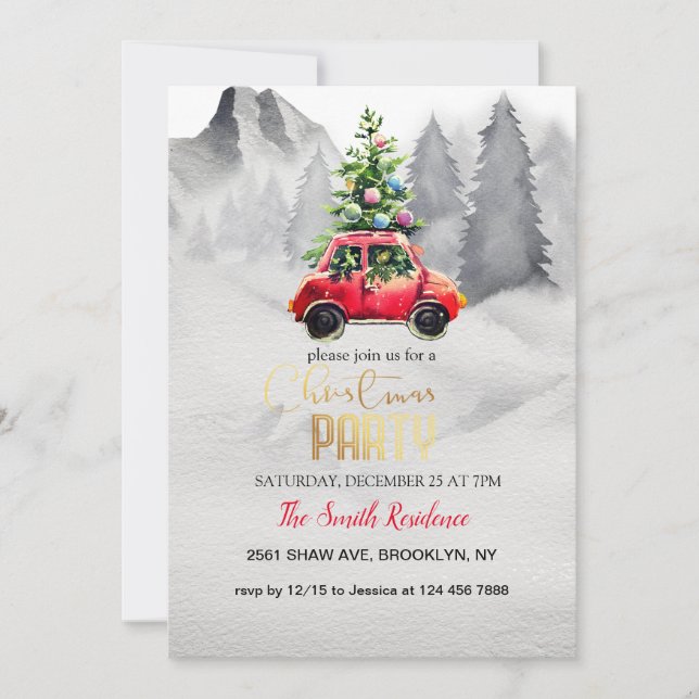 Christmas Red Truck,Snowy Mountains Invitation (Front)
