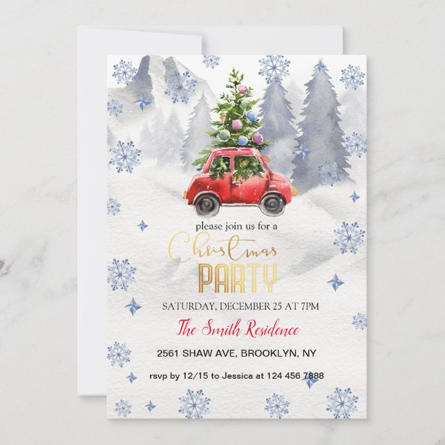 Christmas Red Truck,Snowy Mountains Invitation (Front)