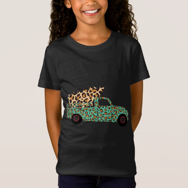 Christmas Red Truck Tree Leopard Pattern Wagon Che T-Shirt (Front)