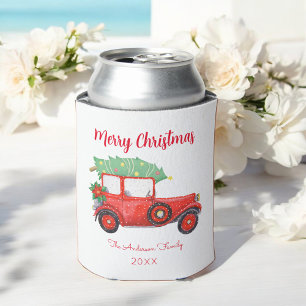 Christmas Red Truck Tree White Holiday   Can Cooler