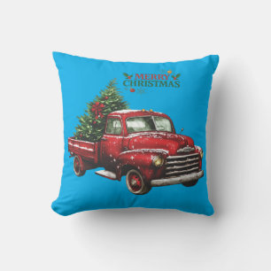 christmas, red, truck, vintage, cushion