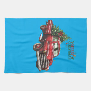 christmas, red, truck, vintage, tea towel