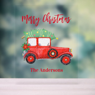 Christmas Red Truck White  Acrylic Sign