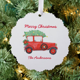 Christmas Red Truck White Festive Tree Decoration Card