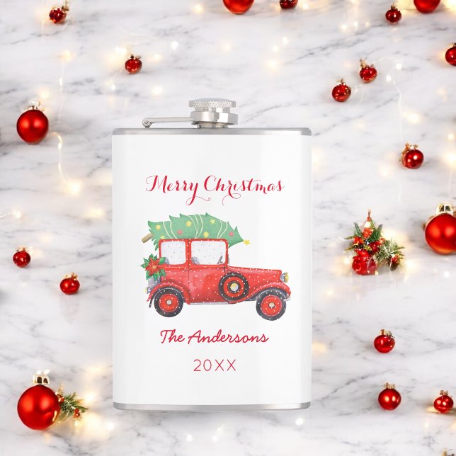 Christmas Red Truck White Vinyl Wrapped Flask (Creator Uploaded)