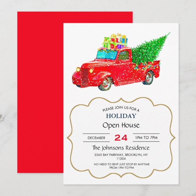 Christmas red truck with a Christmas tree and gift Invitation (Front/Back)