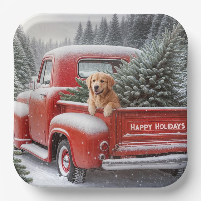 Christmas Red Truck With Golden Retriever Paper Plate (Front)