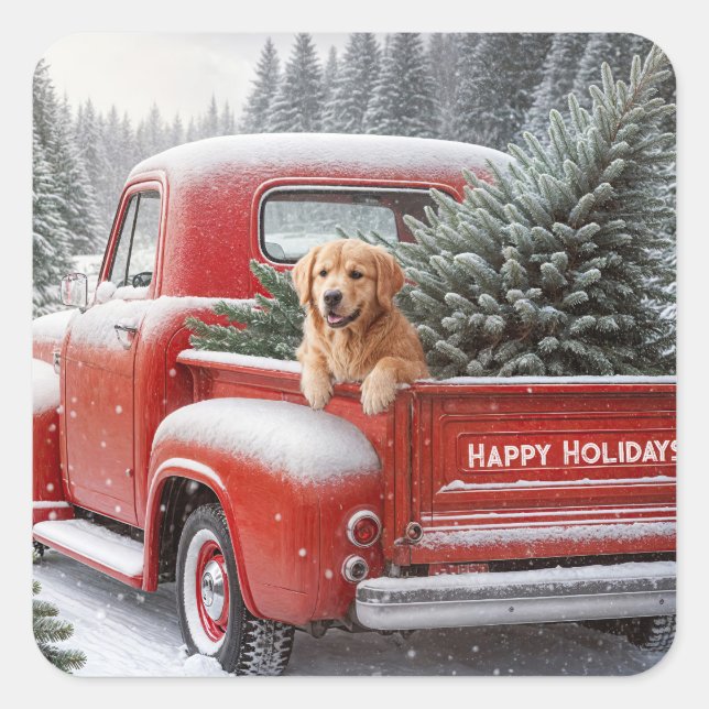 Christmas Red Truck With Golden Retriever Square Sticker (Front)