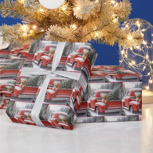 Christmas Red Truck With Golden Retriever Wrapping Paper (Holidays)