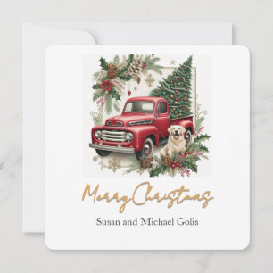Christmas Red Truck with Greenery Gold Font Holiday Card