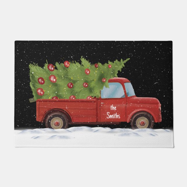 Christmas Red Truck with Name  Doormat (Front)