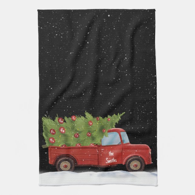 Christmas Red Truck with Name Tea Towel (Vertical)