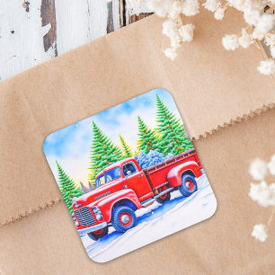 Christmas Red Truck with Pine Trees Square Sticker