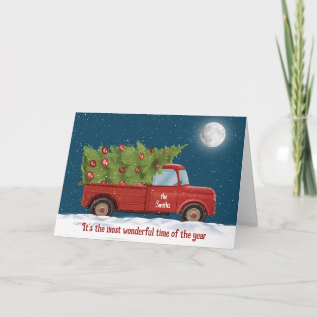 Christmas Red Truck with Tree  Holiday Card (Front)