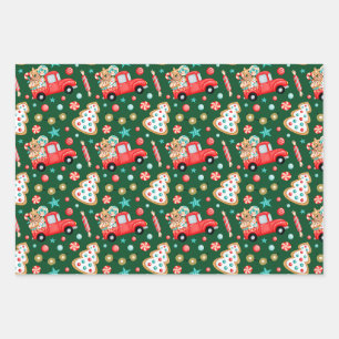 Christmas Red Vintage Truck and Christmas Candy Wrapping Paper Sheet
