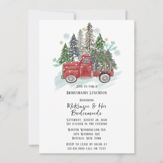 Christmas Red Vintage Truck Bridesmaids Luncheon Invitation (Front)