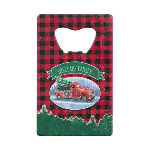 Christmas Red Vintage Truck Buffalo Plaid Add Name