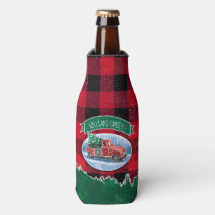 Christmas Red Vintage Truck Buffalo Plaid Add Name Bottle Cooler