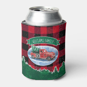 Christmas Red Vintage Truck Buffalo Plaid Add Name Can Cooler