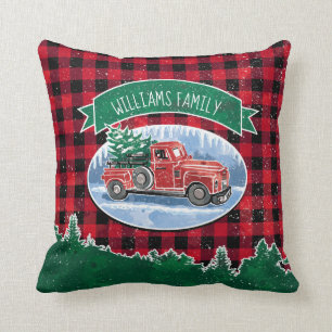 Christmas Red Vintage Truck Buffalo Plaid Add Name Cushion