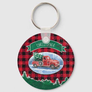 Christmas Red Vintage Truck Buffalo Plaid Add Name Key Ring
