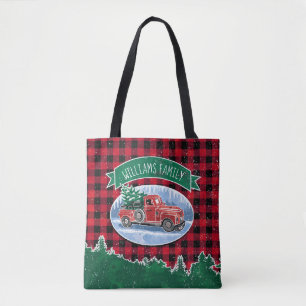Christmas Red Vintage Truck Buffalo Plaid Add Name Tote Bag