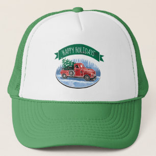 Christmas Red Vintage Truck Happy Holidays Trucker Hat