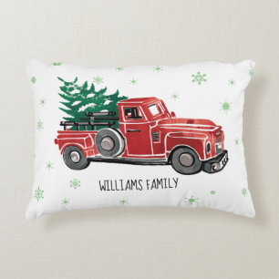 Christmas Red Vintage Truck w/ Snowflake Monogram Decorative Cushion