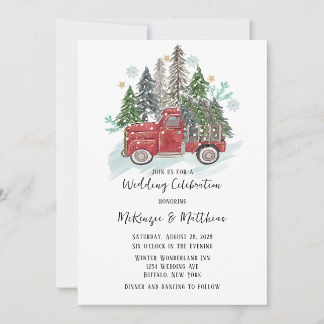 Christmas Red Vintage Truck Wedding Invitation (Front)