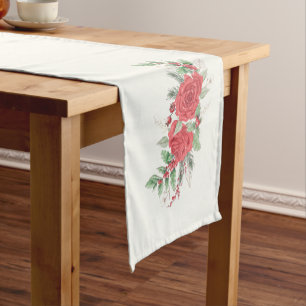Christmas Red Watercolor Roses and Holly Short Table Runner