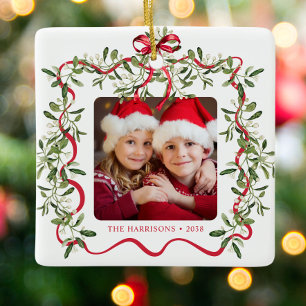 Christmas Red Wavy Frame Bow Greenery Photo Ceramic Ornament