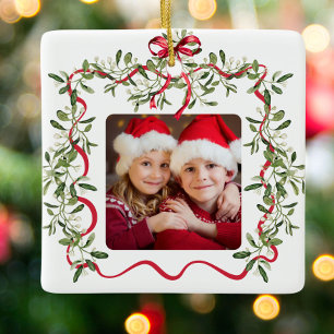 Christmas Red Wavy Frame Bow Greenery Photo Ceramic Ornament