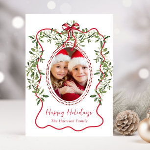 Christmas Red Wavy Frame Bow Greenery Photo Holiday Card