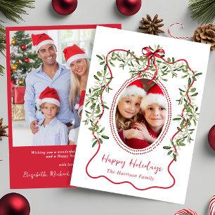 Christmas Red Wavy Frame Bow Greenery Photo Holiday Card