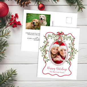 Christmas Red Wavy Frame Bow Greenery Photo Holiday Postcard