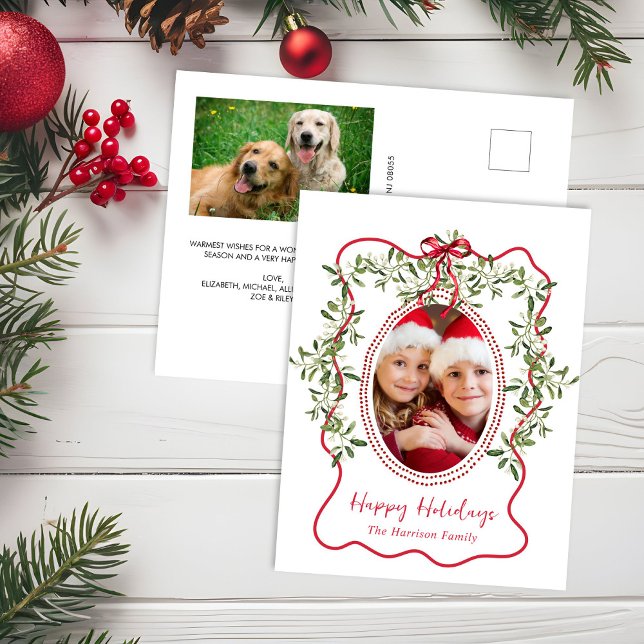 Christmas Red Wavy Frame Bow Greenery Photo Holiday Postcard (Creator Uploaded)
