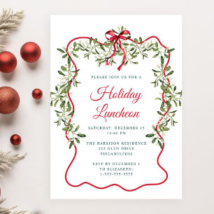 Christmas Red Wavy Frame Greenery Holiday Luncheon Invitation