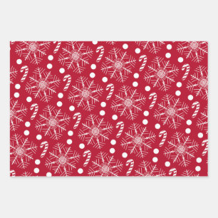 Christmas Red & White 3 Cartoon Classic Patterns Wrapping Paper Sheet