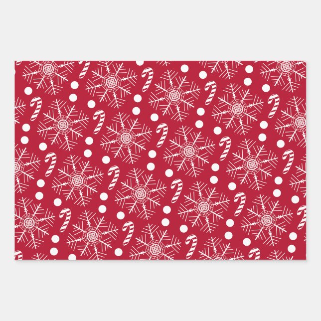 Christmas Red & White 3 Cartoon Classic Patterns Wrapping Paper Sheet (Front)