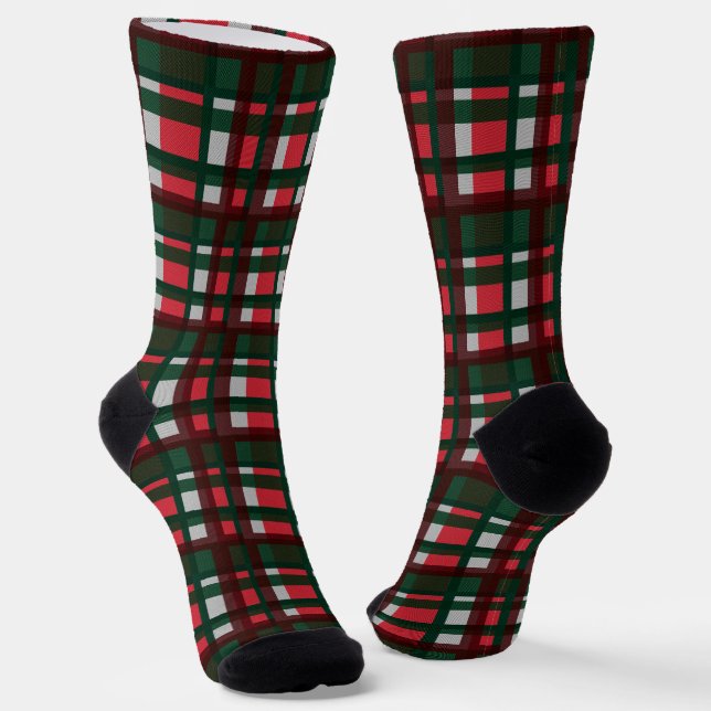 Christmas red white and green madras plaid pattern socks (Angled)