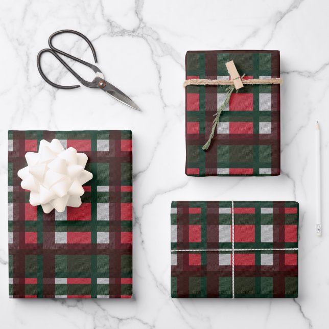Christmas red white and green madras plaid pattern wrapping paper sheet (Front)
