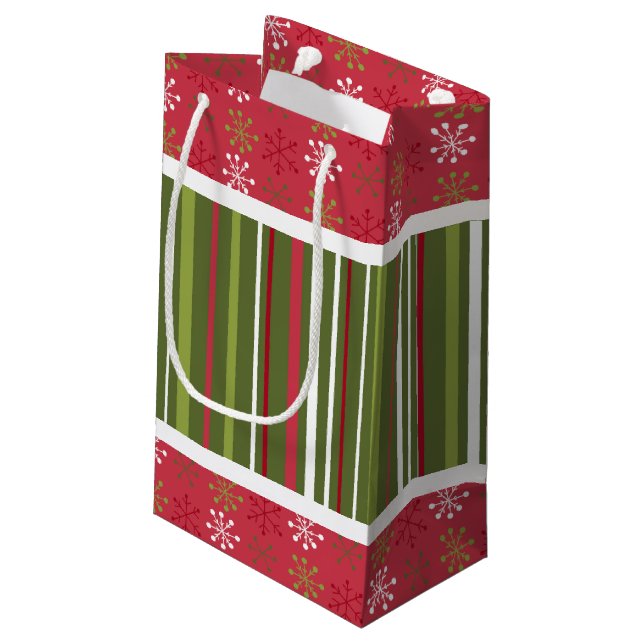 Christmas Red, White and Green Snowflakes, Stripes Small Gift Bag (Back Angled)