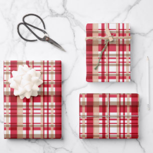 Christmas red white beige tattersall plaid pattern wrapping paper sheet
