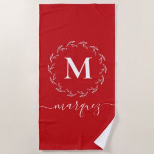 Christmas Red   White Botanical Wreath Monogram Beach Towel