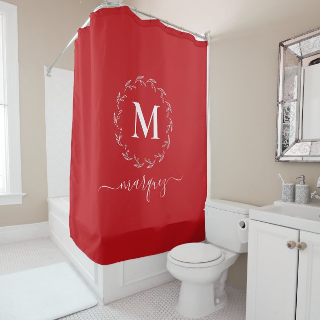 Christmas Red | White Botanical Wreath Monogram Shower Curtain (In Situ)
