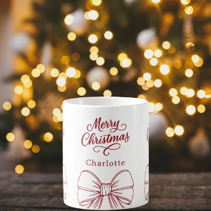 Christmas red white bow script  coffee mug