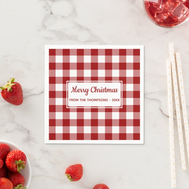 Christmas Red White Buffalo Check Name Party Napkin (Insitu)