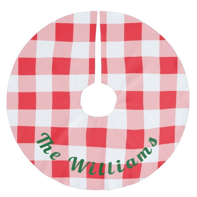 Christmas Red White Check NAME Brushed Polyester Tree Skirt (Front)