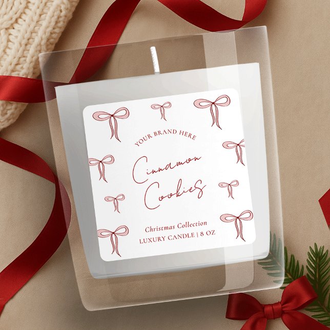 Christmas Red & White Elegant Bows Candle Jar Square Sticker (Creator Uploaded)