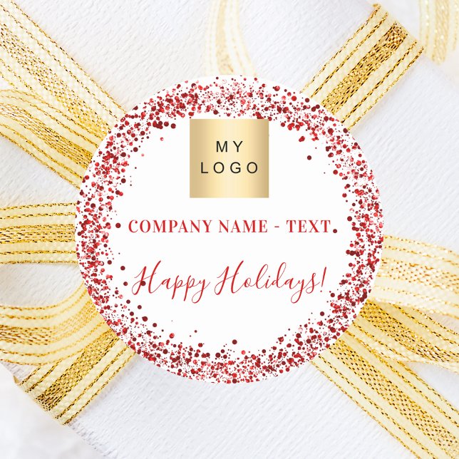 Christmas red white glitter business logo classic round sticker (Creator Uploaded)